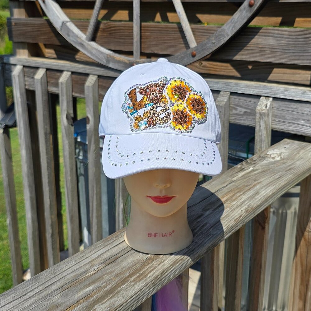 Ladies White Cow Love BLING Hat NEW